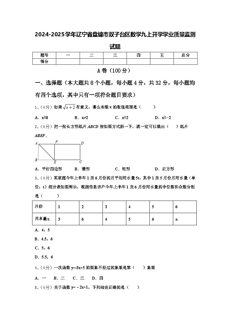 2024-2025学年辽宁省盘锦市双子台区数学九上开学学业质量监测试题【含答案】01