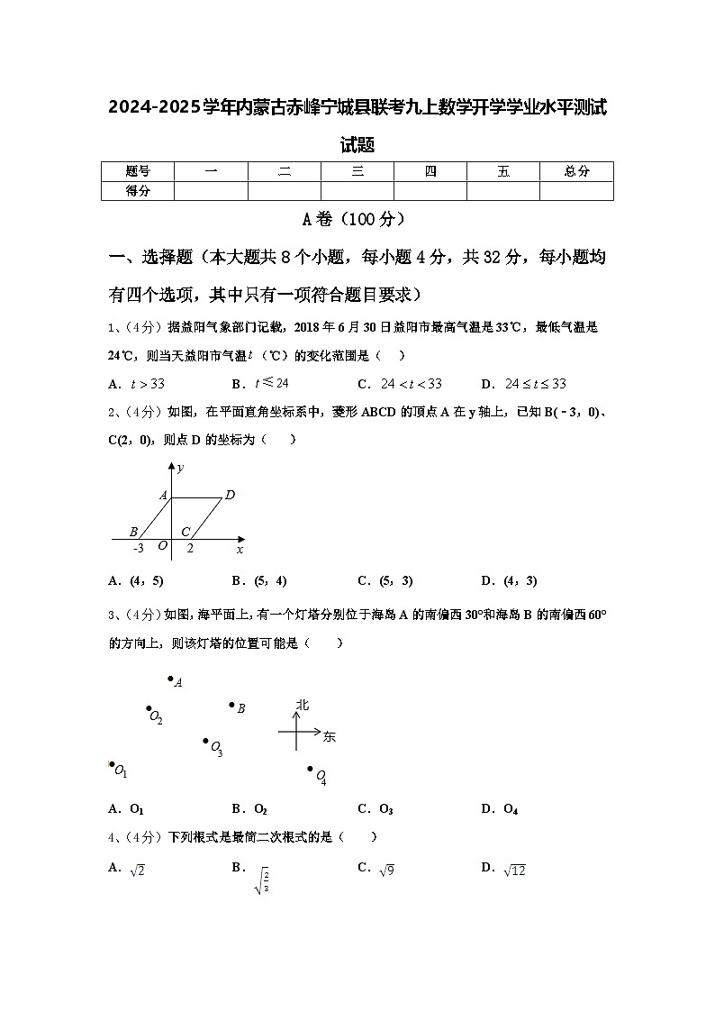2024-2025学年内蒙古赤峰宁城县联考九上数学开学学业水平测试试题【含答案】01