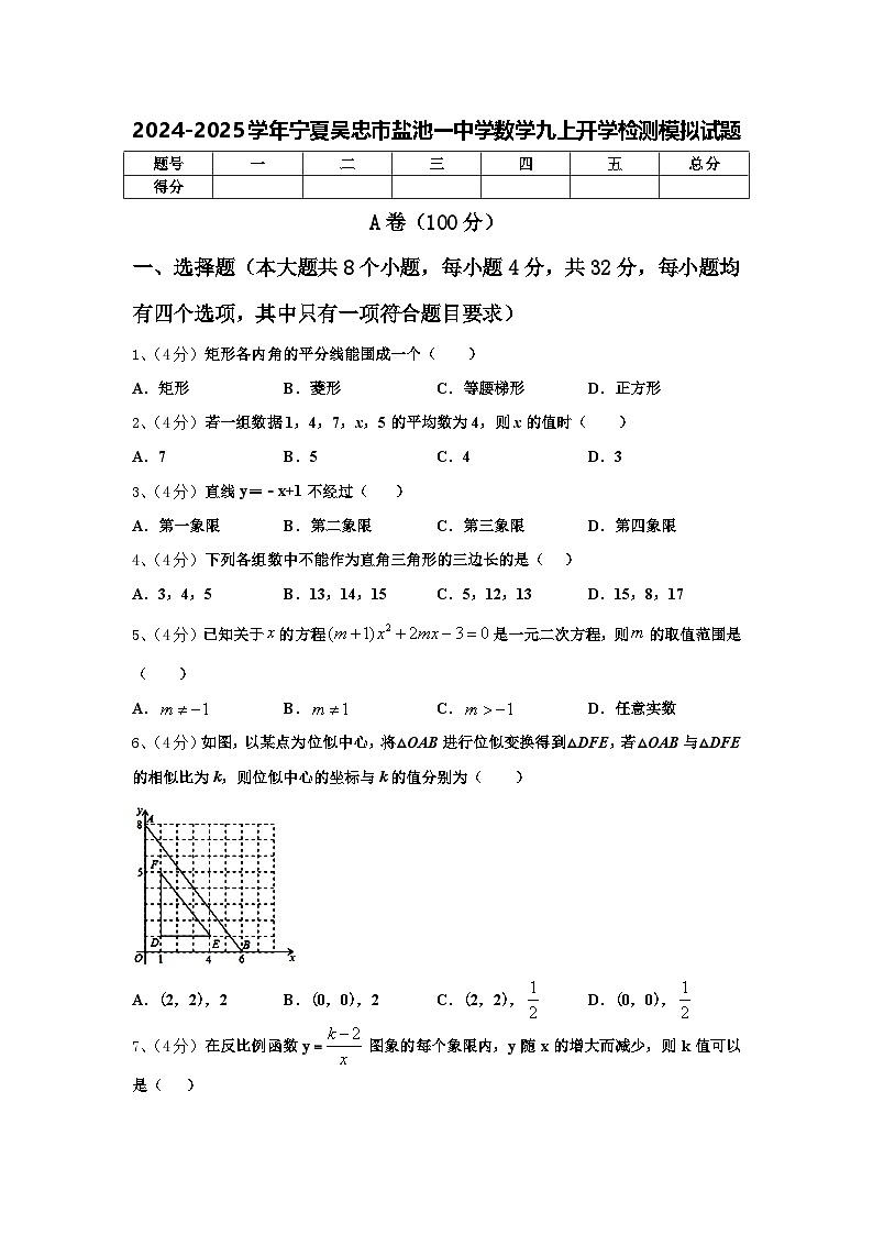 2024-2025学年宁夏吴忠市盐池一中学数学九上开学检测模拟试题【含答案】第1页