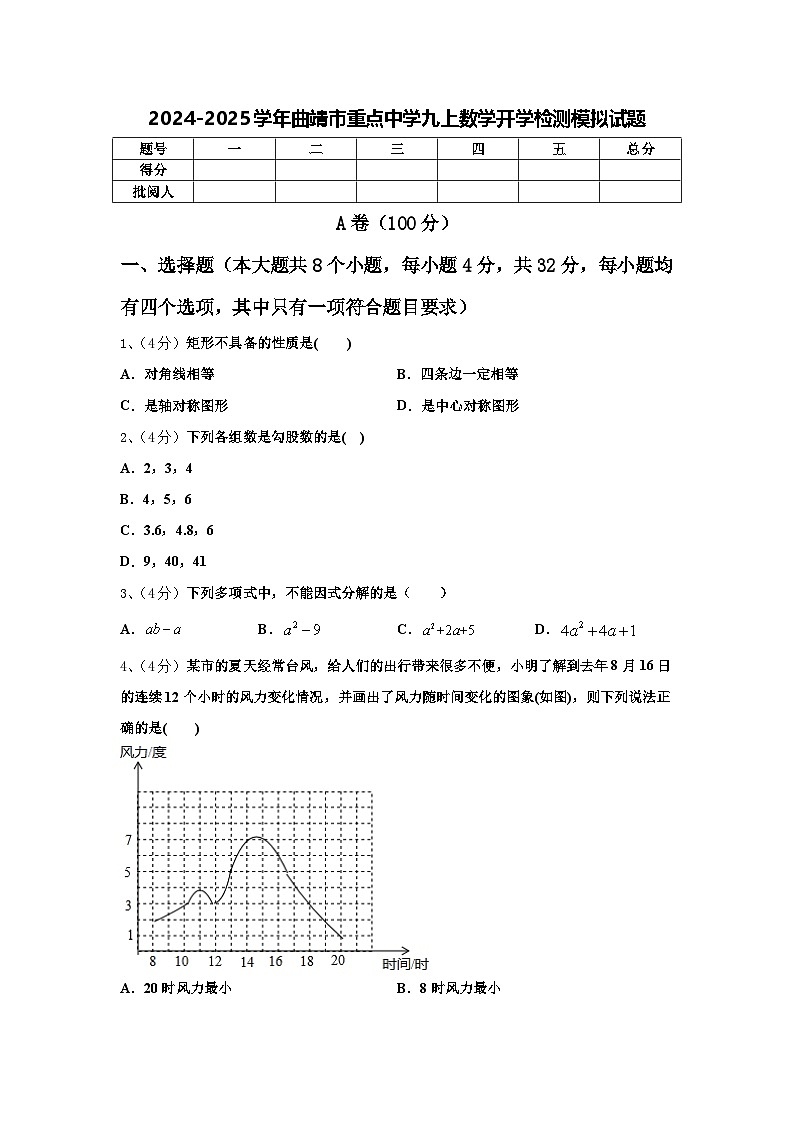 2024-2025学年曲靖市重点中学九上数学开学检测模拟试题【含答案】第1页