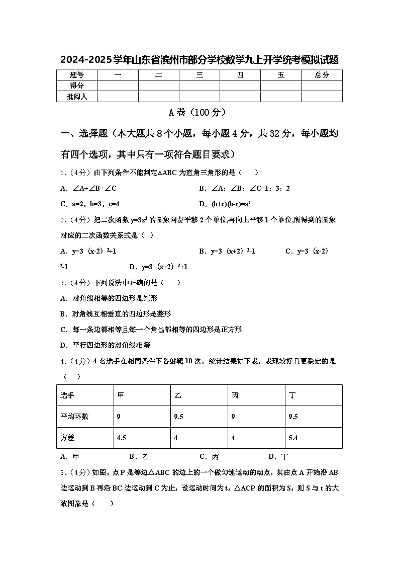 2024-2025学年山东省滨州市部分学校数学九上开学统考模拟试题【含答案】第1页