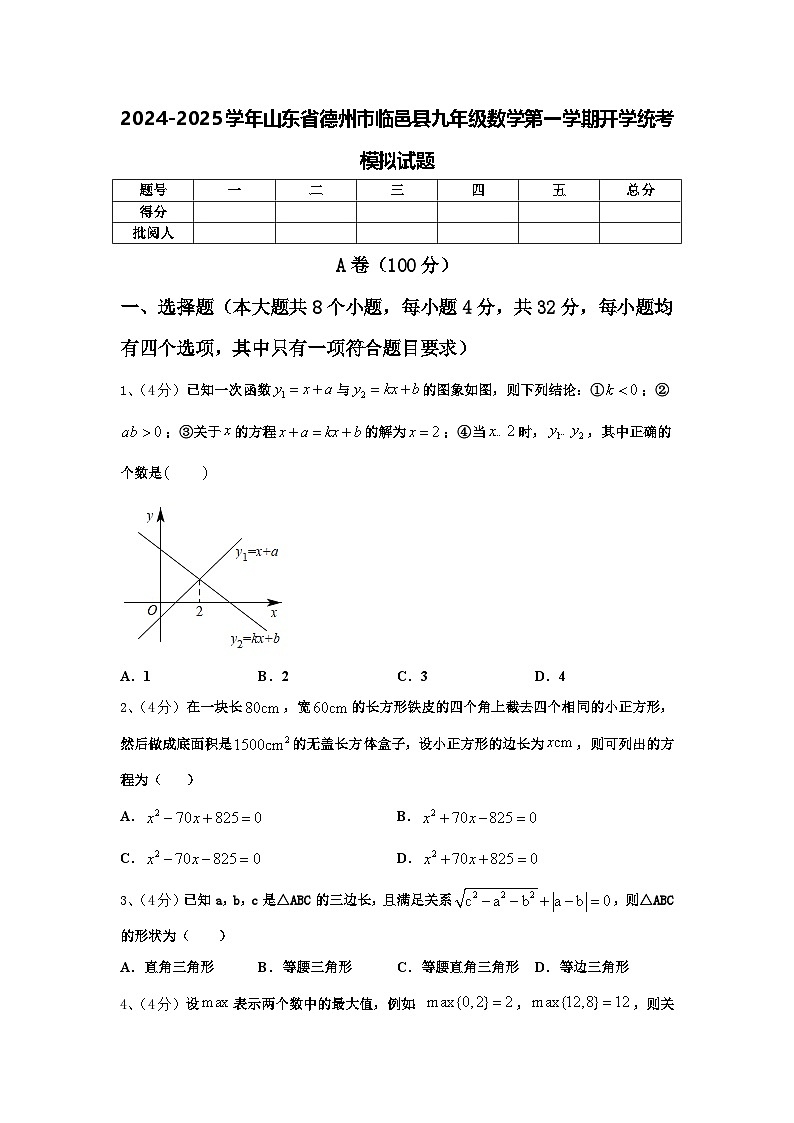 2024-2025学年山东省德州市临邑县九年级数学第一学期开学统考模拟试题【含答案】第1页