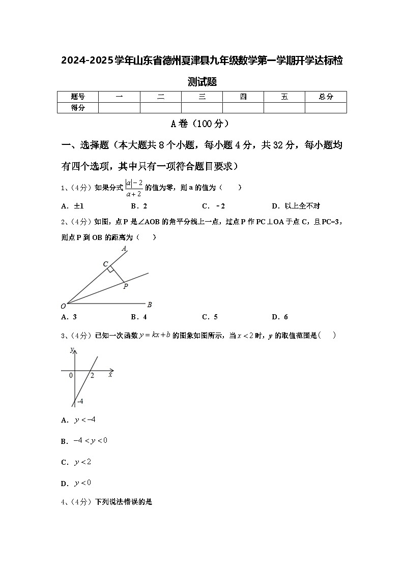 2024-2025学年山东省德州夏津县九年级数学第一学期开学达标检测试题【含答案】第1页