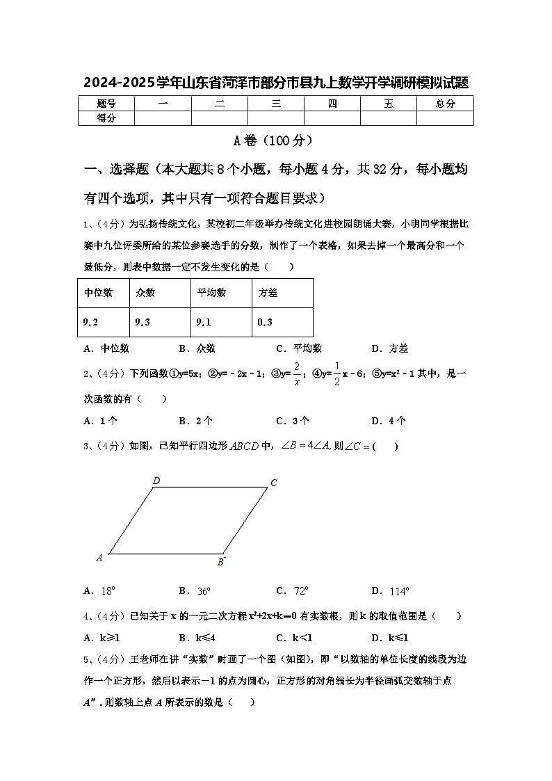 2024-2025学年山东省菏泽市部分市县九上数学开学调研模拟试题【含答案】01
