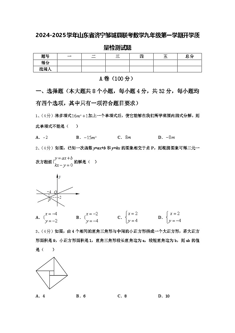 2024-2025学年山东省济宁邹城县联考数学九年级第一学期开学质量检测试题【含答案】第1页