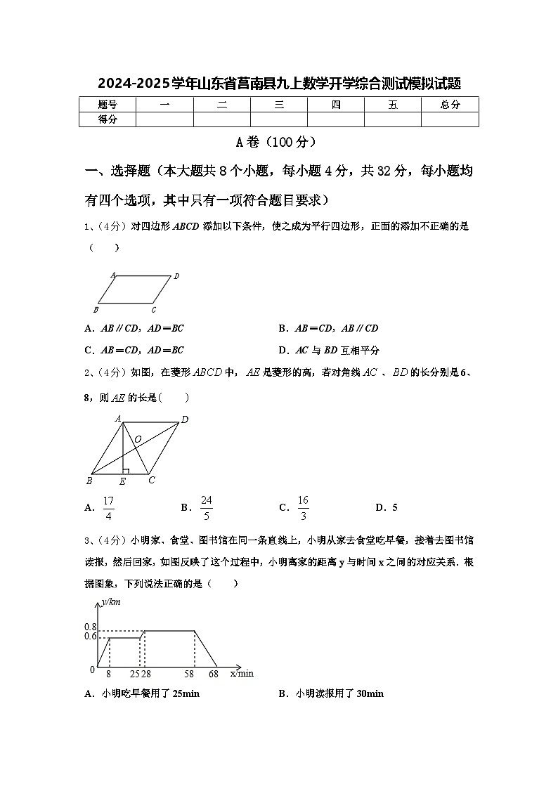 2024-2025学年山东省莒南县九上数学开学综合测试模拟试题【含答案】第1页