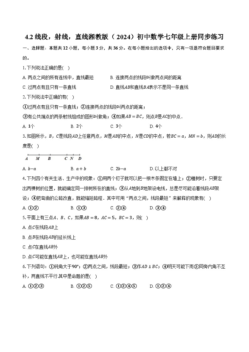 4.2线段，射线，直线 湘教版（2024）初中数学七年级上册同步练习（含详细答案解析））01