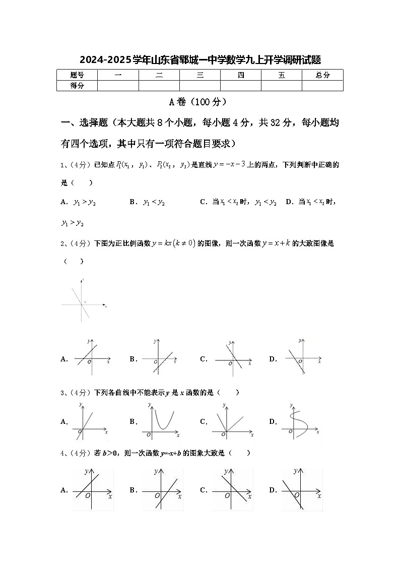 2024-2025学年山东省郓城一中学数学九上开学调研试题【含答案】01