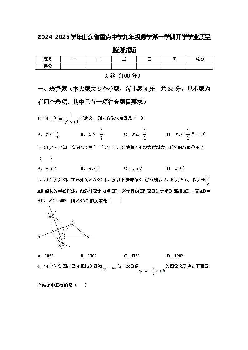 2024-2025学年山东省重点中学九年级数学第一学期开学学业质量监测试题【含答案】01