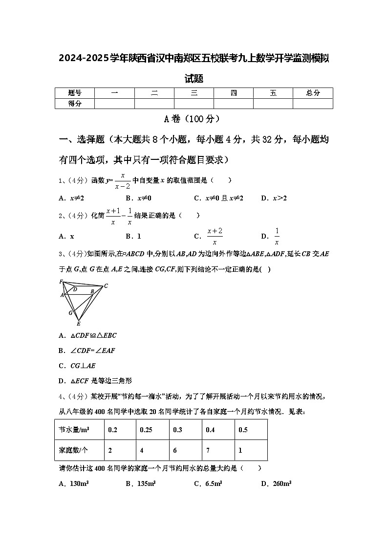 2024-2025学年陕西省汉中南郑区五校联考九上数学开学监测模拟试题【含答案】01