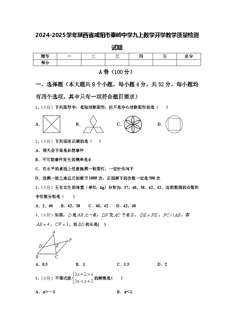 2024-2025学年陕西省咸阳市秦岭中学九上数学开学教学质量检测试题【含答案】第1页