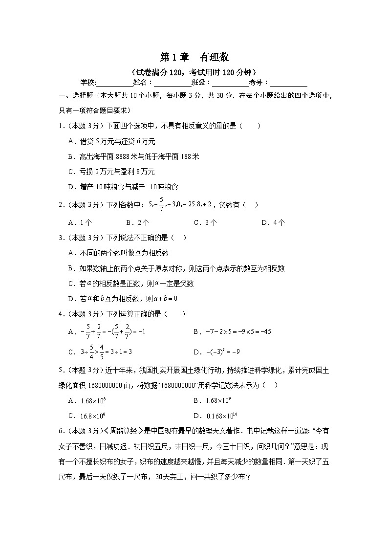 第1章  有理数（单元测试）（原卷）第1页