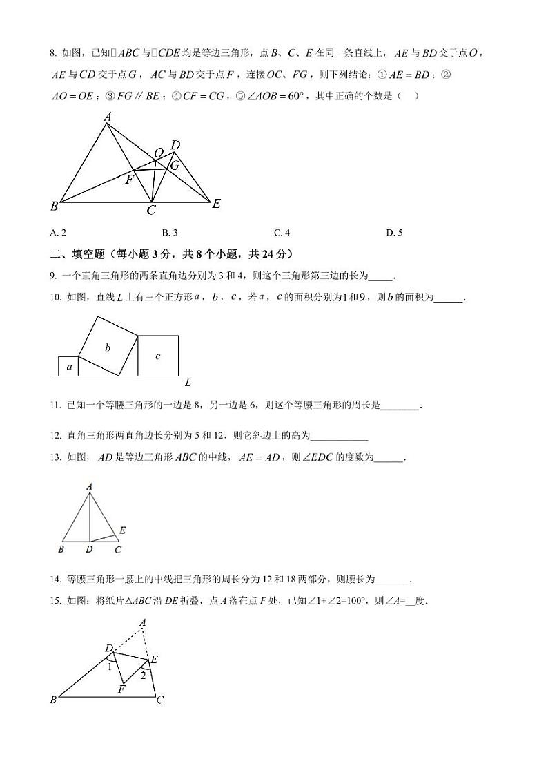 江苏省苏州吴江汾湖教育集团2023-2024学年八年级上学期第一次月考数学试题第3页