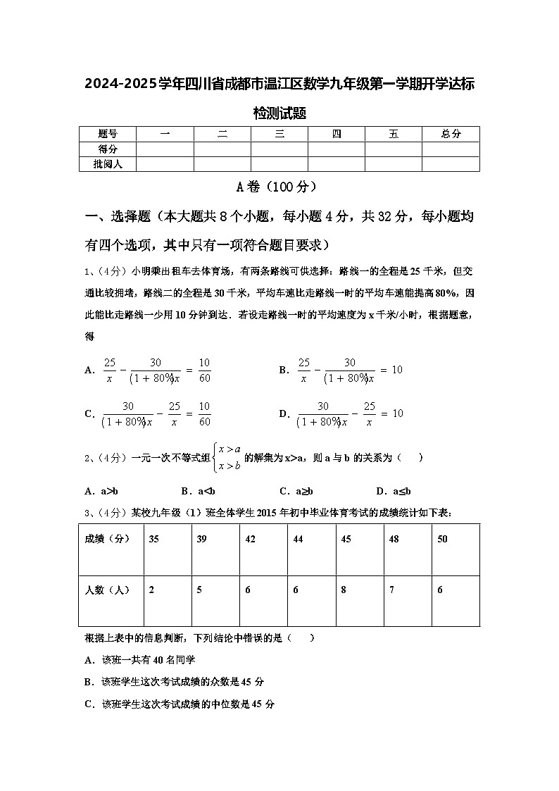2024-2025学年四川省成都市温江区数学九年级第一学期开学达标检测试题【含答案】第1页