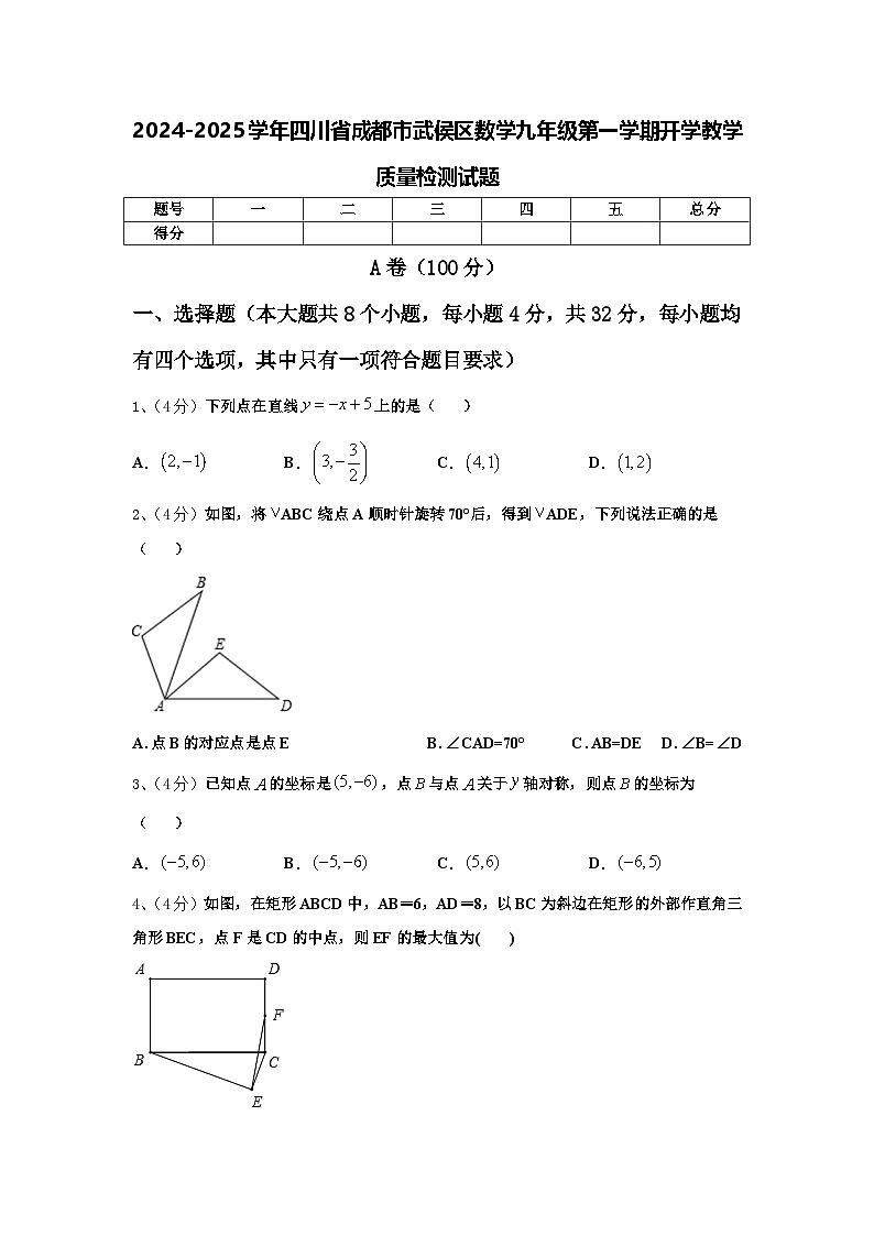 2024-2025学年四川省成都市武侯区数学九年级第一学期开学教学质量检测试题【含答案】01