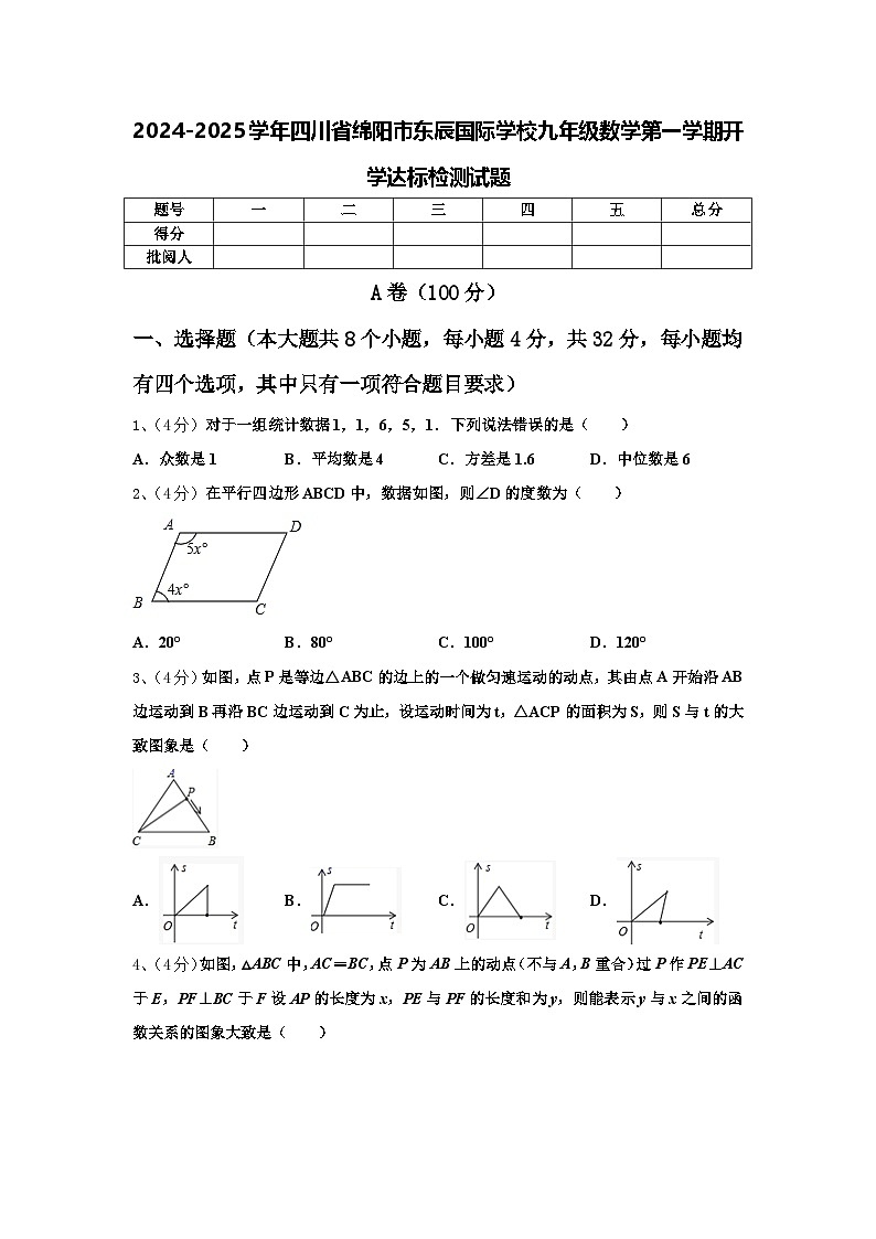2024-2025学年四川省绵阳市东辰国际学校九年级数学第一学期开学达标检测试题【含答案】第1页
