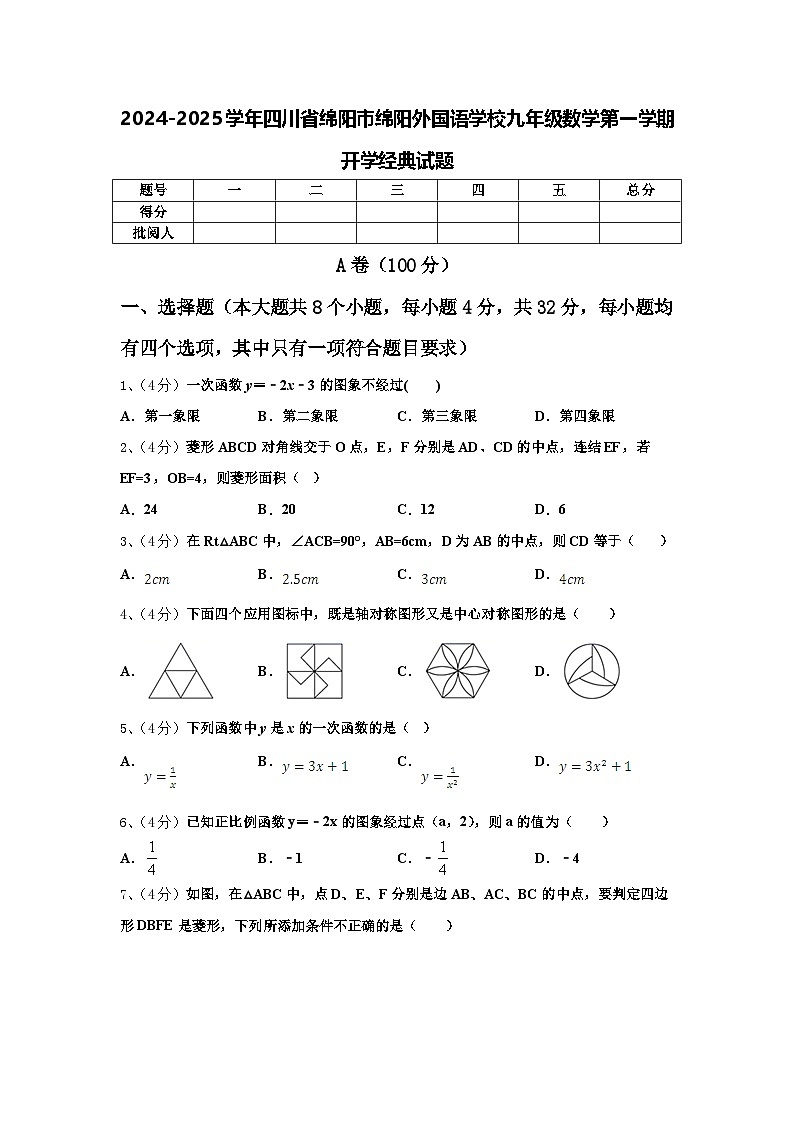 2024-2025学年四川省绵阳市绵阳外国语学校九年级数学第一学期开学经典试题【含答案】第1页