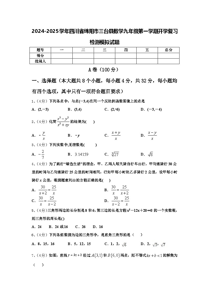 2024-2025学年四川省绵阳市三台县数学九年级第一学期开学复习检测模拟试题【含答案】01