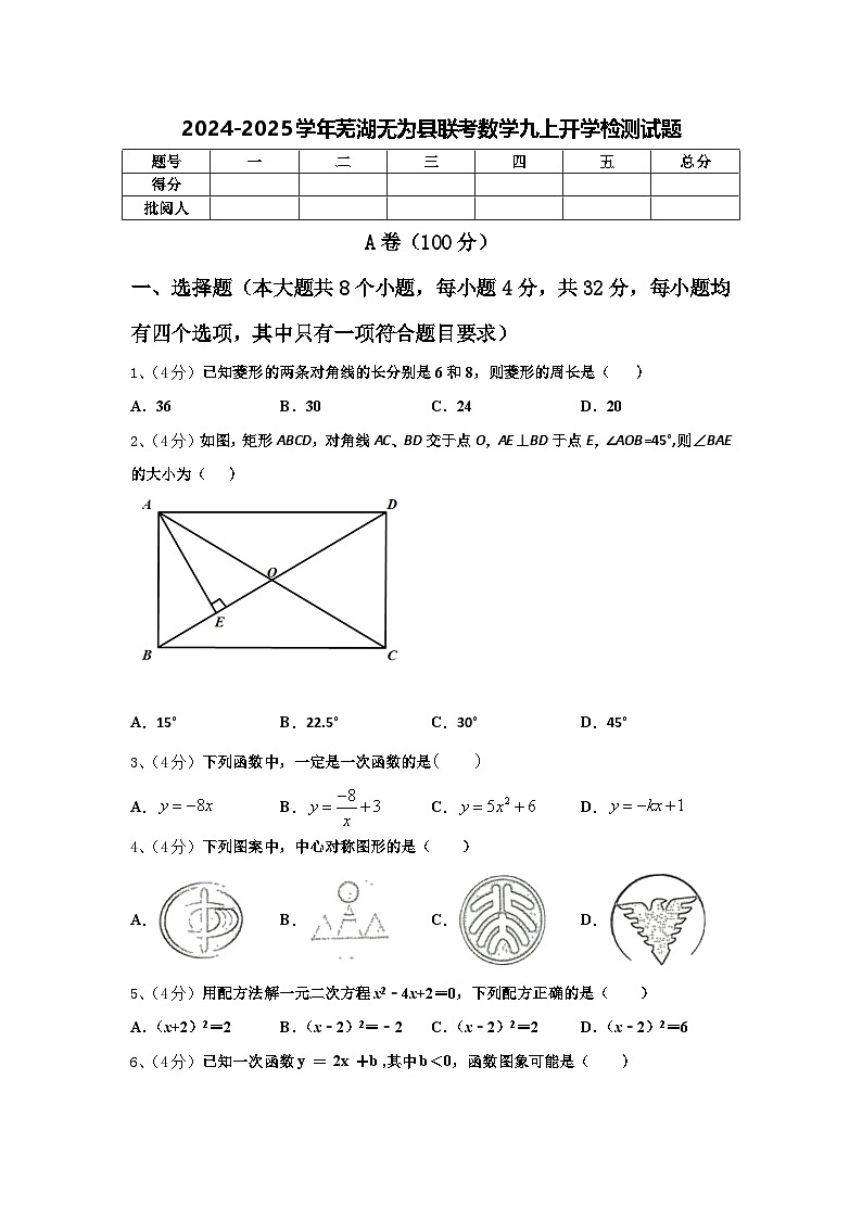 2024-2025学年芜湖无为县联考数学九上开学检测试题【含答案】第1页