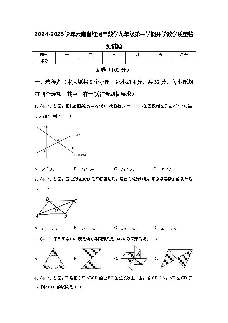 2024-2025学年云南省红河市数学九年级第一学期开学教学质量检测试题【含答案】01