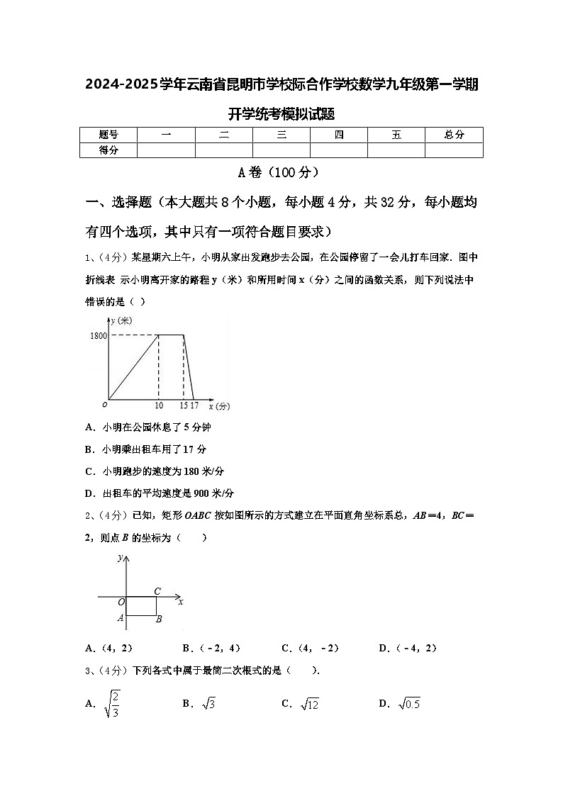 2024-2025学年云南省昆明市学校际合作学校数学九年级第一学期开学统考模拟试题【含答案】第1页