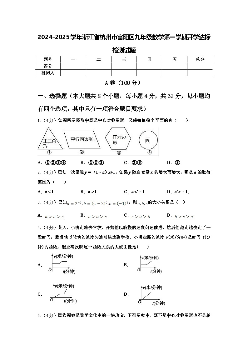 2024-2025学年浙江省杭州市富阳区九年级数学第一学期开学达标检测试题【含答案】第1页