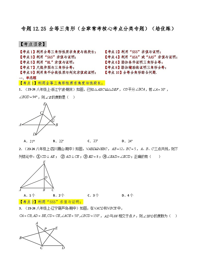 专题12.25 全等三角形（全章常考核心考点分类专题）（培优练）-2024-2025学年八年级数学上册基础知识专项突破讲与练（人教版）第1页