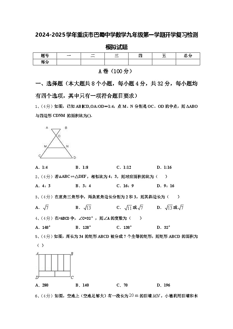 2024-2025学年重庆市巴蜀中学数学九年级第一学期开学复习检测模拟试题【含答案】第1页