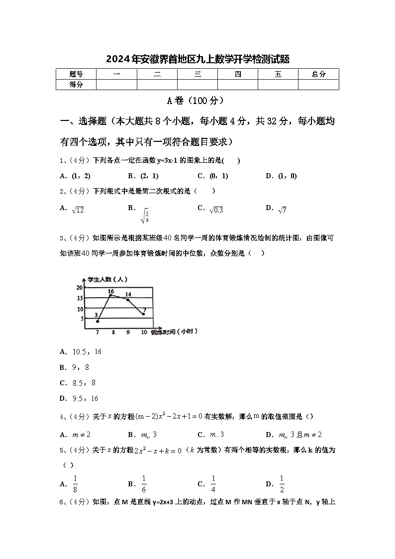 2024年安徽界首地区九上数学开学检测试题【含答案】01