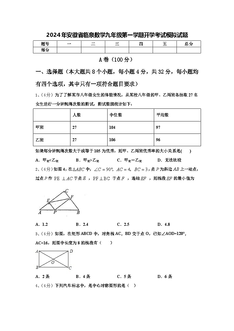2024年安徽省临泉数学九年级第一学期开学考试模拟试题【含答案】第1页