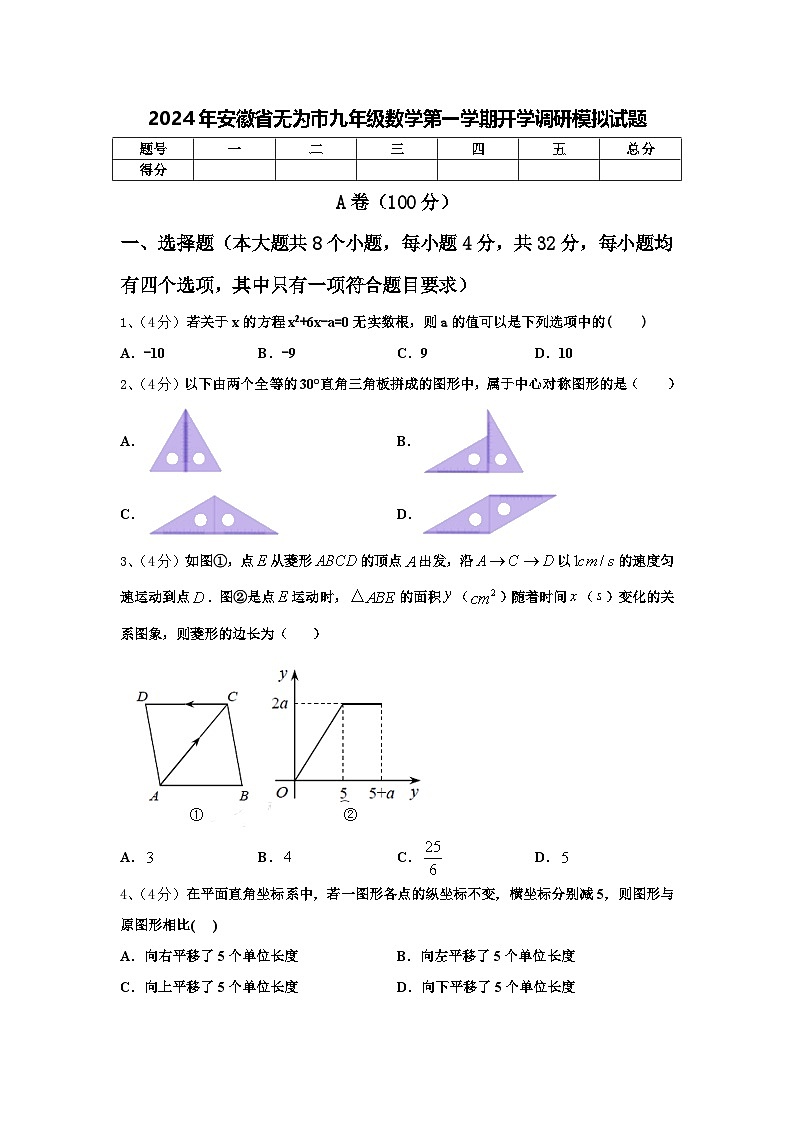 2024年安徽省无为市九年级数学第一学期开学调研模拟试题【含答案】01