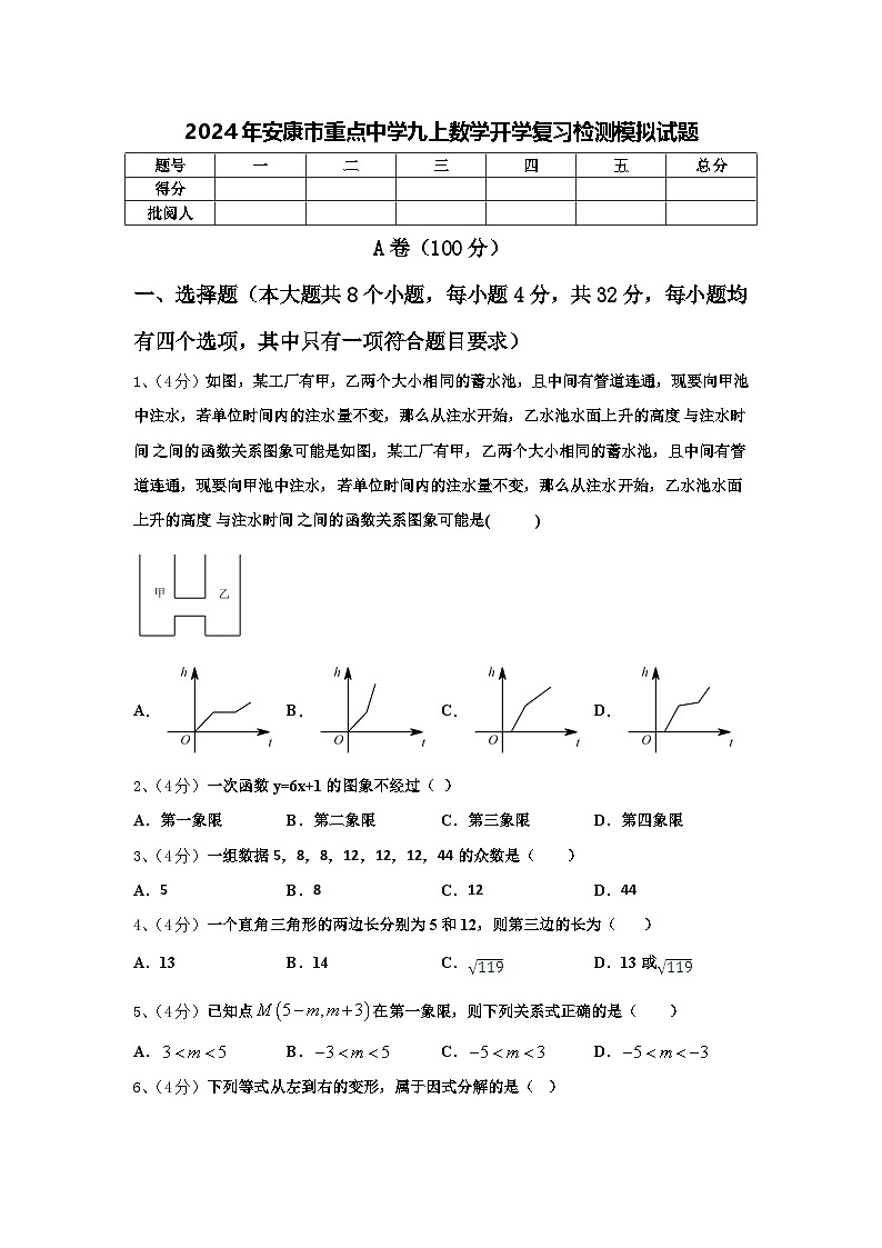 2024年安康市重点中学九上数学开学复习检测模拟试题【含答案】第1页