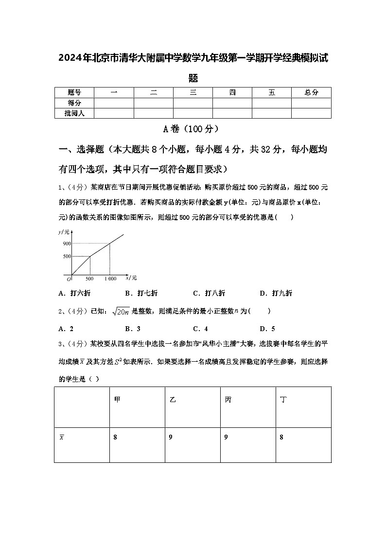 2024年北京市清华大附属中学数学九年级第一学期开学经典模拟试题【含答案】01