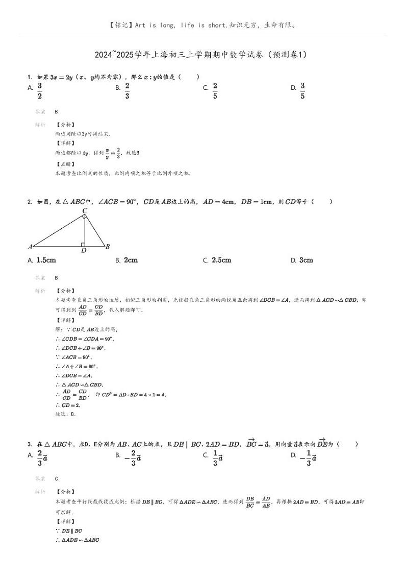 [数学]2024～2025学年上海初三上学期期中数学试卷(预测卷1)(原题版+解析版)01