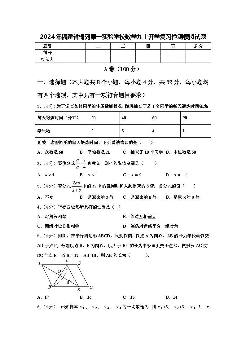 2024年福建省梅列第一实验学校数学九上开学复习检测模拟试题【含答案】第1页