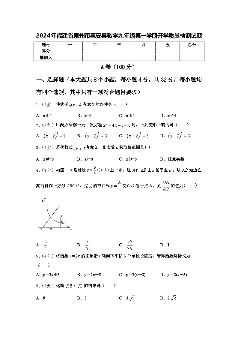 2024年福建省泉州市惠安县数学九年级第一学期开学质量检测试题【含答案】01