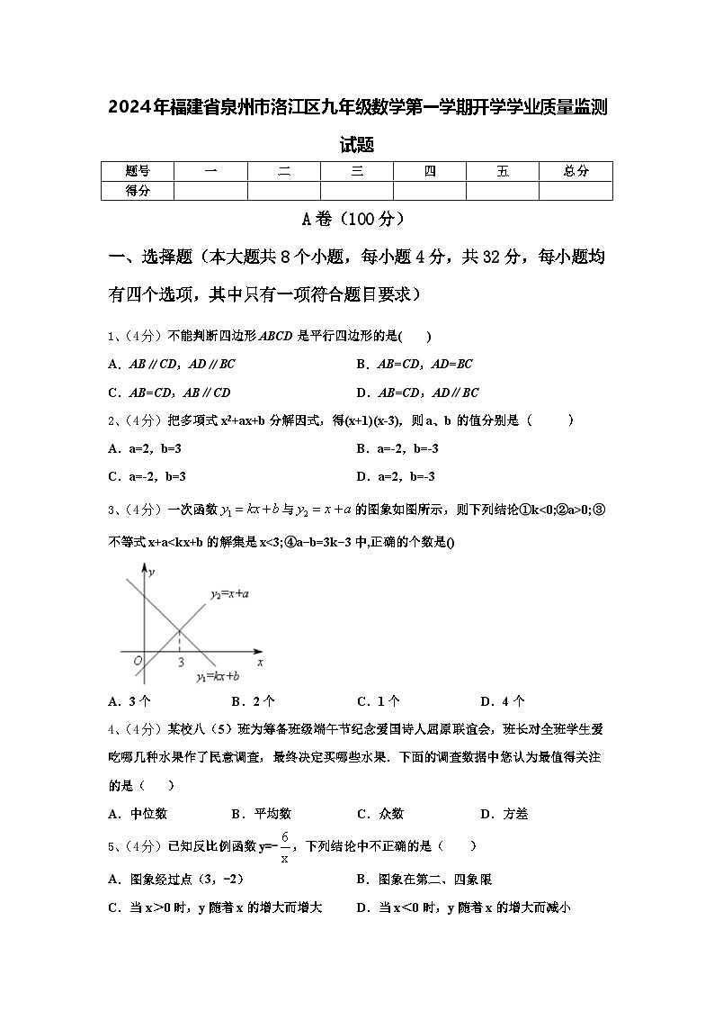 2024年福建省泉州市洛江区九年级数学第一学期开学学业质量监测试题【含答案】01