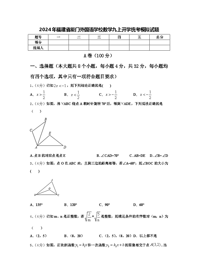 2024年福建省厦门外国语学校数学九上开学统考模拟试题【含答案】01