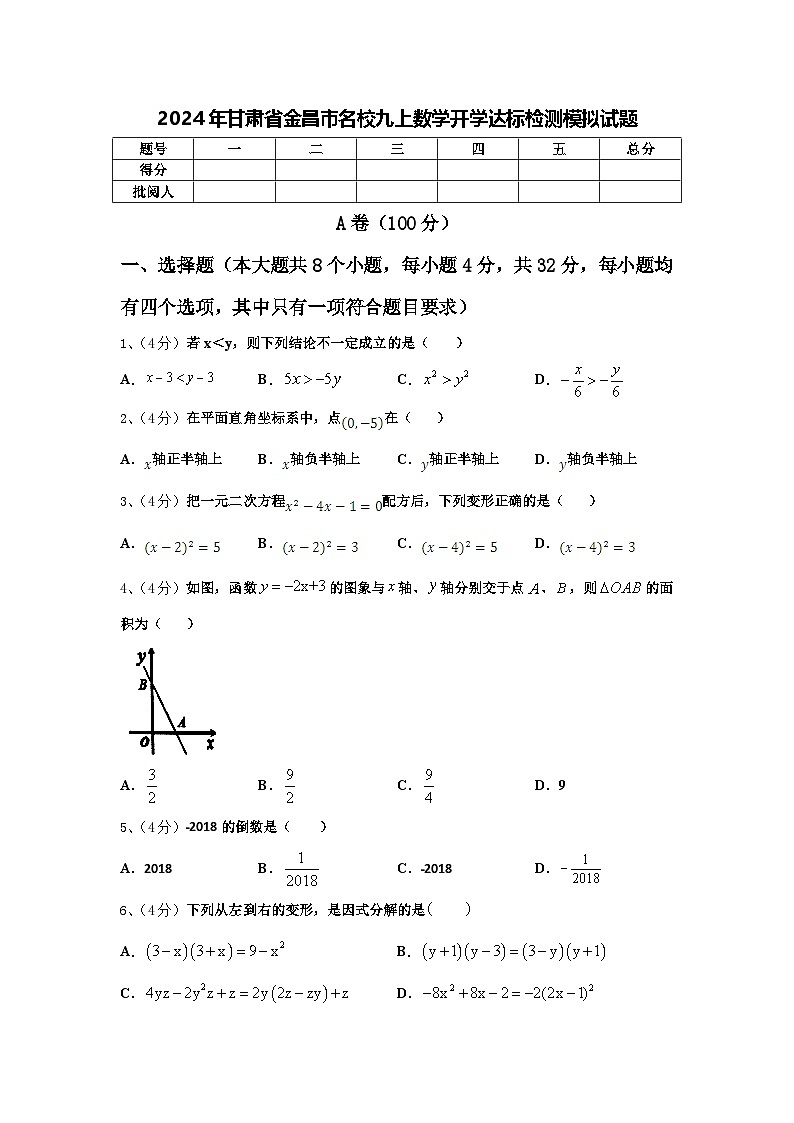 2024年甘肃省金昌市名校九上数学开学达标检测模拟试题【含答案】第1页