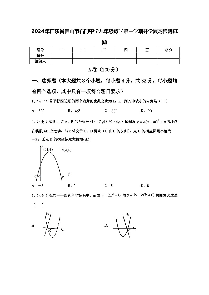 2024年广东省佛山市石门中学九年级数学第一学期开学复习检测试题【含答案】第1页
