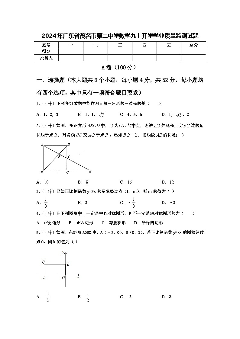 2024年广东省茂名市第二中学数学九上开学学业质量监测试题【含答案】第1页