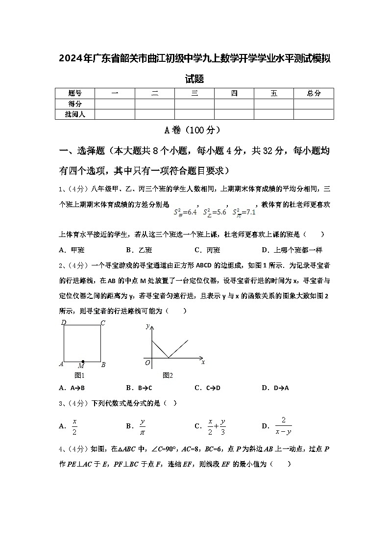 2024年广东省韶关市曲江初级中学九上数学开学学业水平测试模拟试题【含答案】01