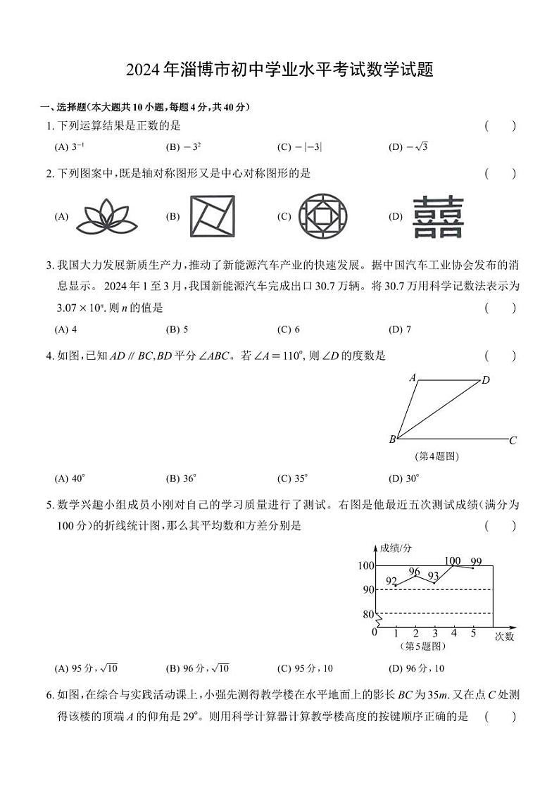 2024年山东省淄博市中考数学试题第1页