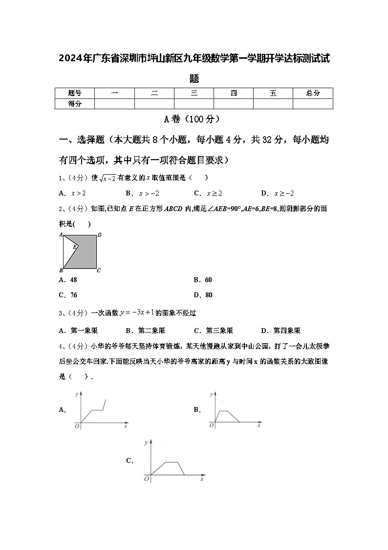 2024年广东省深圳市坪山新区九年级数学第一学期开学达标测试试题【含答案】01