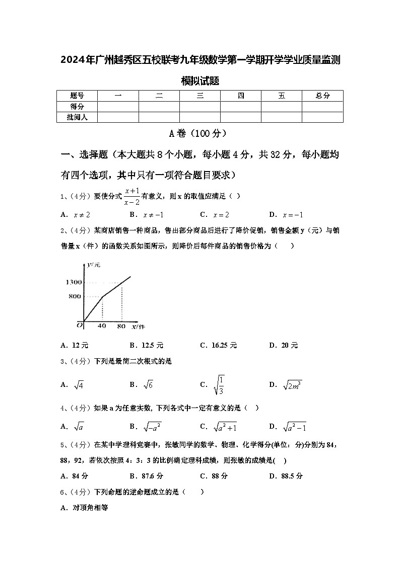 2024年广州越秀区五校联考九年级数学第一学期开学学业质量监测模拟试题【含答案】01