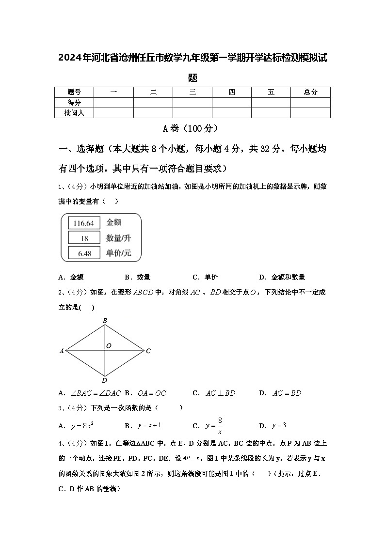 2024年河北省沧州任丘市数学九年级第一学期开学达标检测模拟试题【含答案】第1页