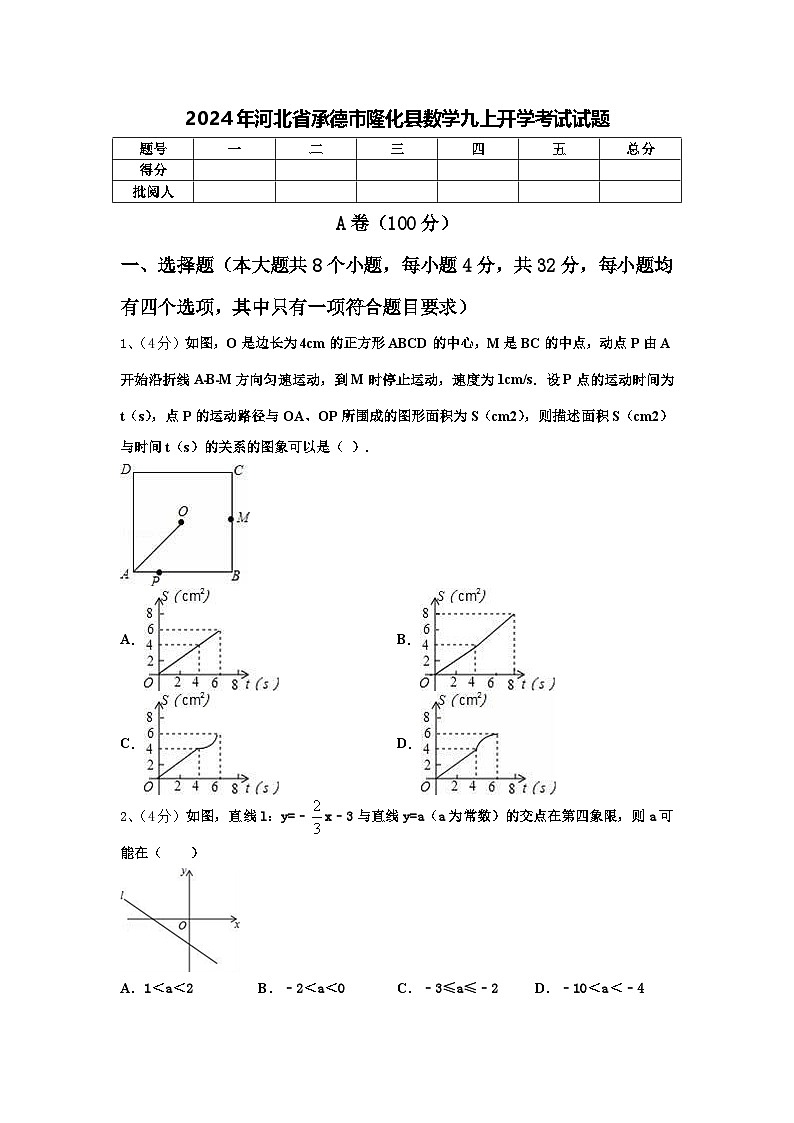 2024年河北省承德市隆化县数学九上开学考试试题【含答案】01