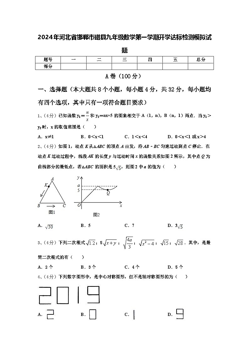 2024年河北省邯郸市磁县九年级数学第一学期开学达标检测模拟试题【含答案】01