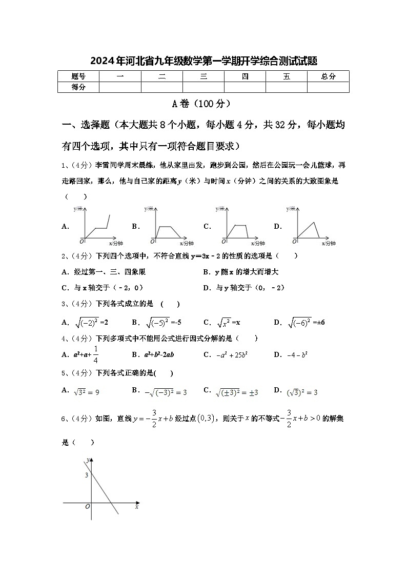 2024年河北省九年级数学第一学期开学综合测试试题【含答案】第1页