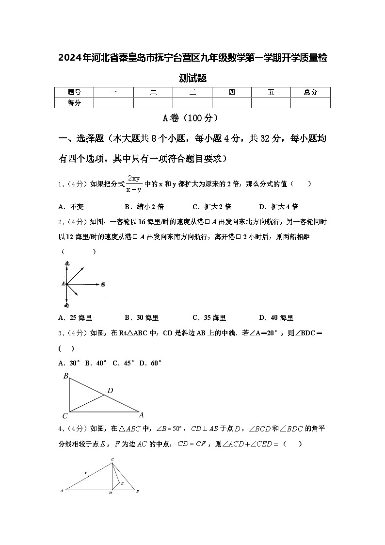 2024年河北省秦皇岛市抚宁台营区九年级数学第一学期开学质量检测试题【含答案】第1页